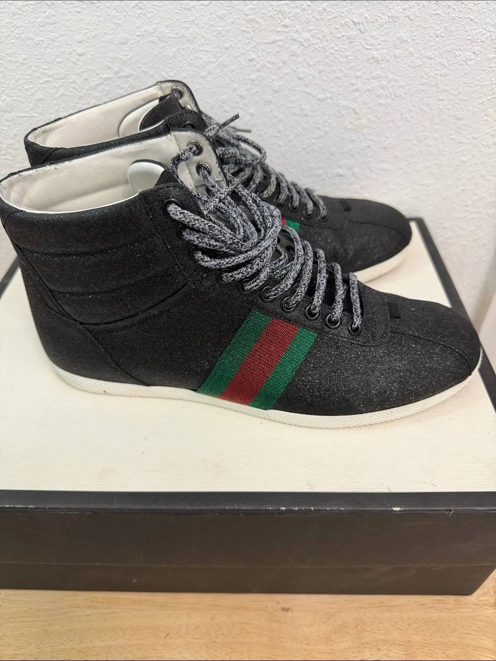 Gucci Black High-Top Sneakers with Green-Red Web Stripe